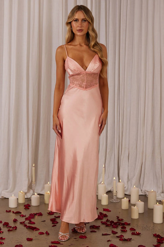 Spaghetti Straps Lace Corset Satin Maxi Prom Dresses (Blush Pink)