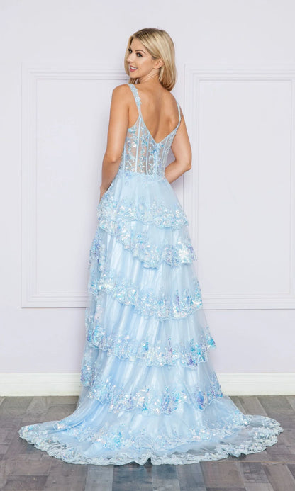 Spaghetti Straps Sheer Lace Corset Tiered Ruffle Sequin Prom Dresses (Turquoise, Silver, Light Blue)