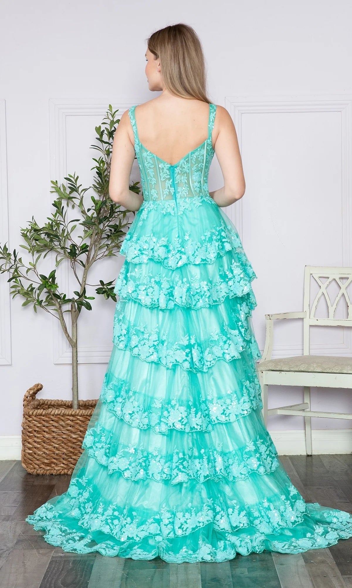 Spaghetti Straps Sheer Lace Corset Tiered Ruffle Sequin Prom Dresses (Turquoise, Silver, Light Blue)