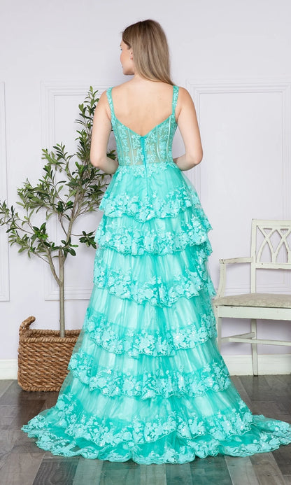 Spaghetti Straps Sheer Lace Corset Tiered Ruffle Sequin Prom Dresses (Turquoise, Silver, Light Blue)