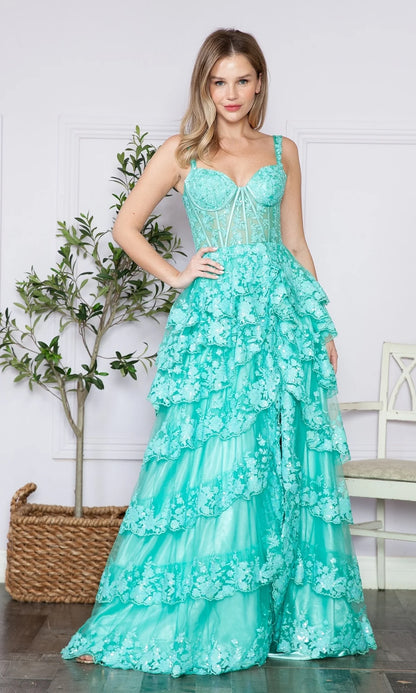 Spaghetti Straps Sheer Lace Corset Tiered Ruffle Sequin Prom Dresses (Turquoise, Silver, Light Blue)