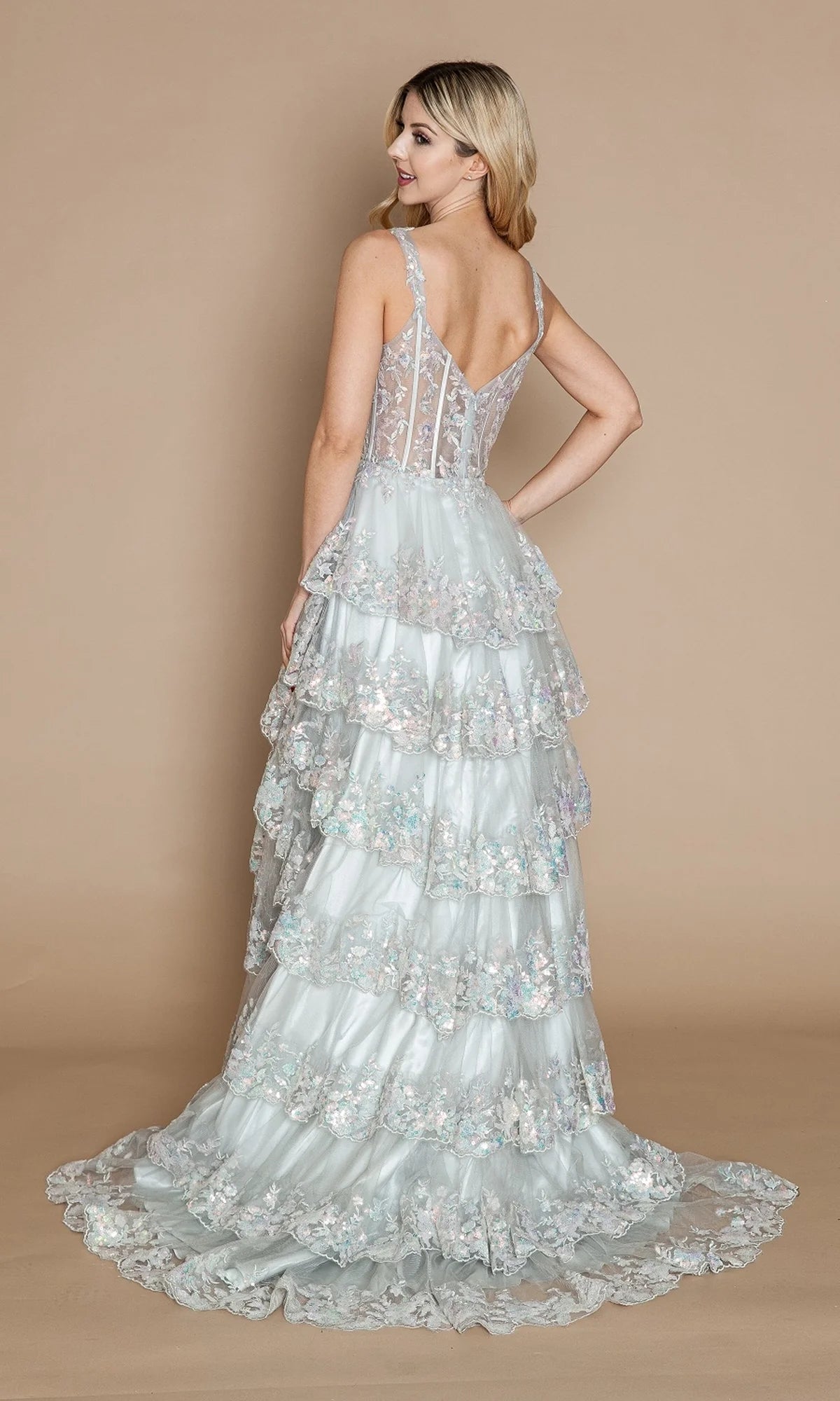 Spaghetti Straps Sheer Lace Corset Tiered Ruffle Sequin Prom Dresses (Turquoise, Silver, Light Blue)