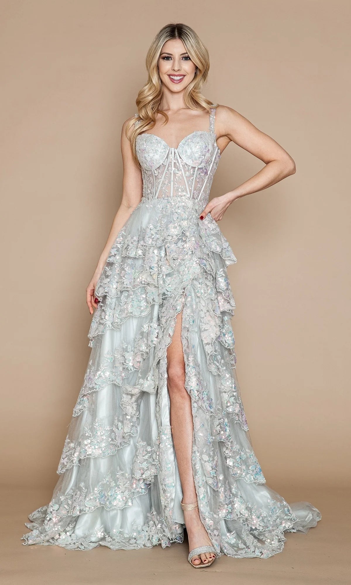 Spaghetti Straps Sheer Lace Corset Tiered Ruffle Sequin Prom Dresses (Turquoise, Silver, Light Blue)