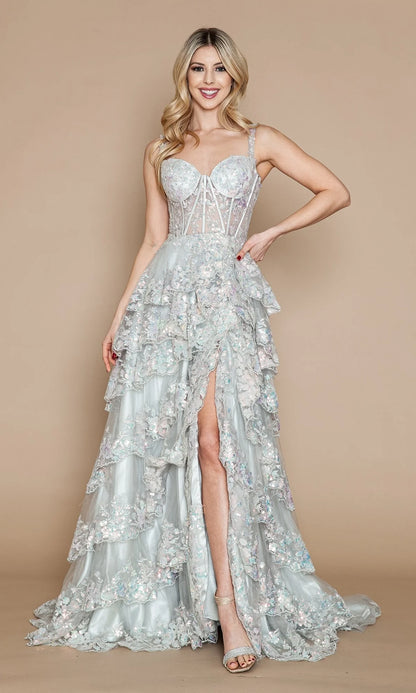 Spaghetti Straps Sheer Lace Corset Tiered Ruffle Sequin Prom Dresses (Turquoise, Silver, Light Blue)