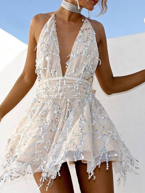 Front view of a sparkling A-Line halter beaded short mini homecoming dress.