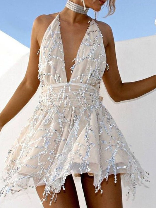 Front view of a sparkling A-Line halter beaded short mini homecoming dress.