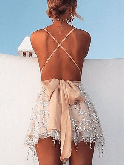 Side view of the A-Line halter beaded short mini homecoming dress.