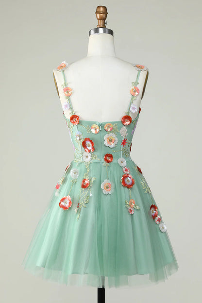 Back view of A-line mini dress with spaghetti straps and sequin details.