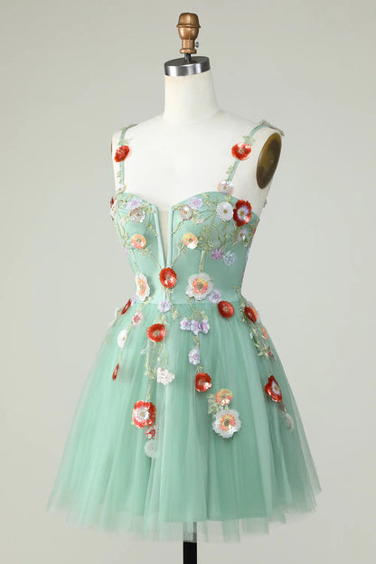 Side view of A-line mini dress with spaghetti straps and sequin details.