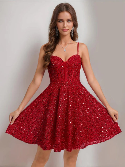 Sparkling A-Line sweetheart sequin short homecoming dress.