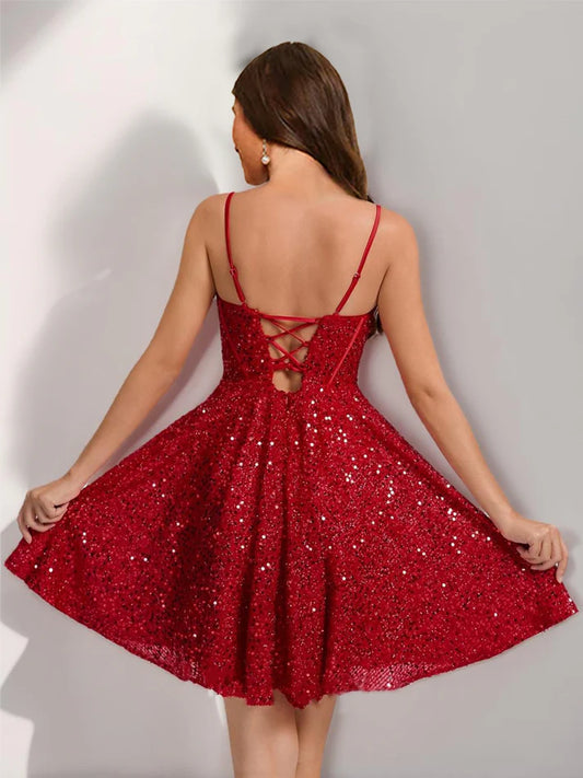 Side view of A-Line sequin homecoming dress.