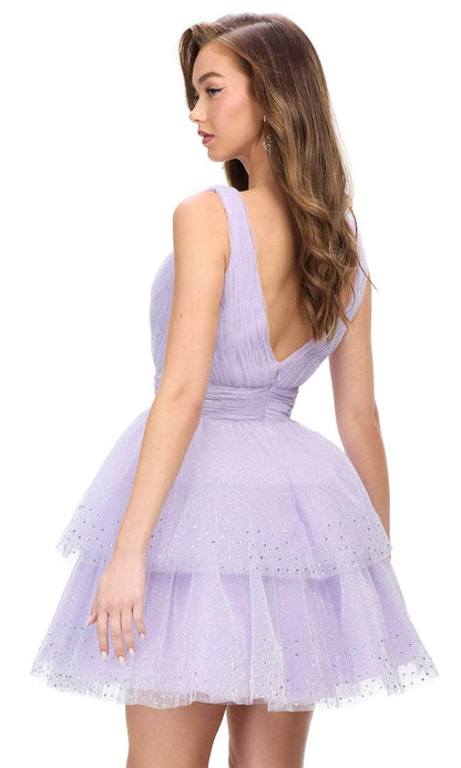 Back view of the lavender V-neck sleeveless glitter tulle mini homecoming dress.