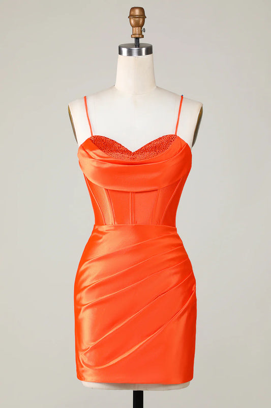 Front view of an orange beaded corset short homecoming dress with a halter neckline.