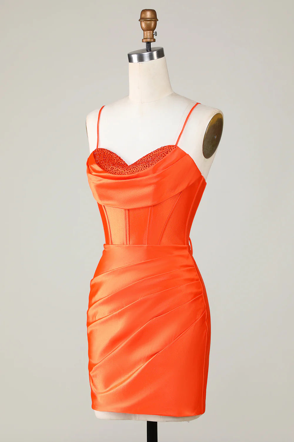 Back view of an orange beaded corset short dress, highlighting the design details.