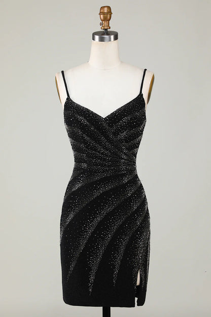Model wearing a black sparkling V-neck dress, similar to the royal blue design.