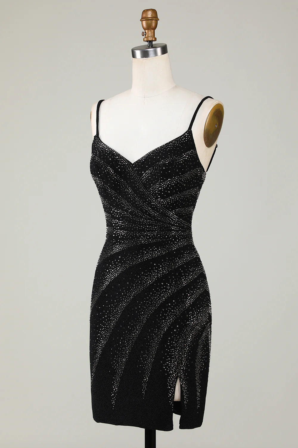 Back view of the black sparkling V-neck dress, displaying its elegant cut.