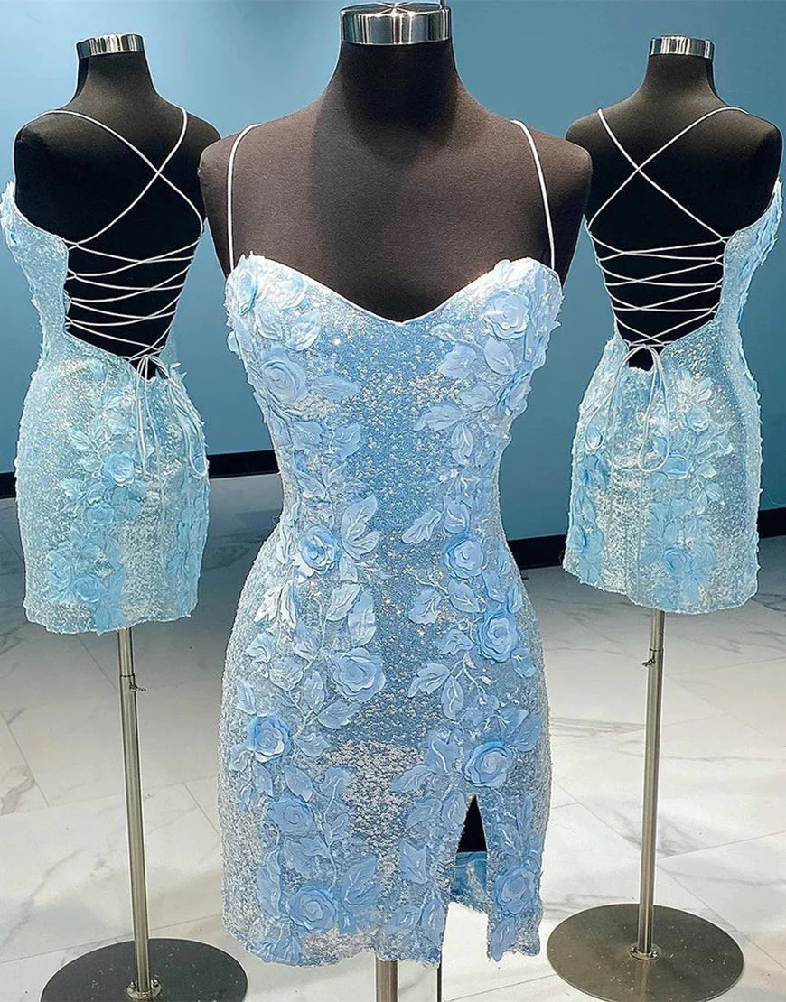 Model wearing a blue glitter bodycon homecoming dress with appliques and spaghetti straps.