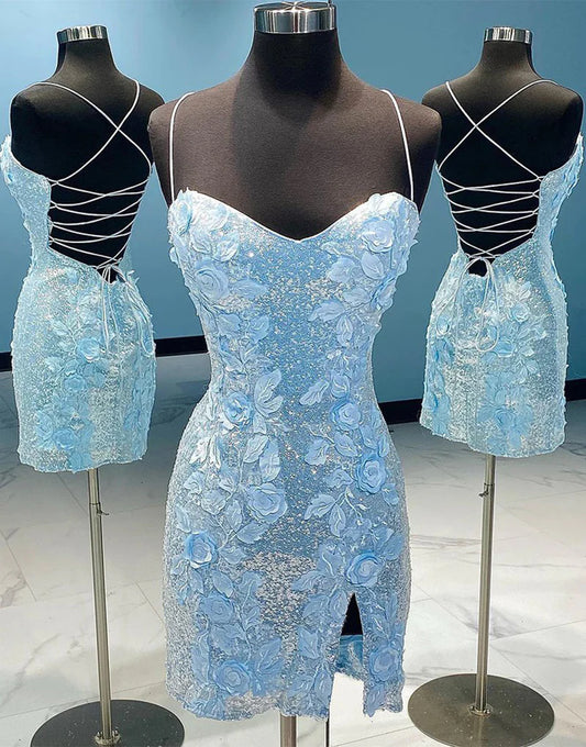 Model wearing a blue glitter bodycon homecoming dress with appliques and spaghetti straps.