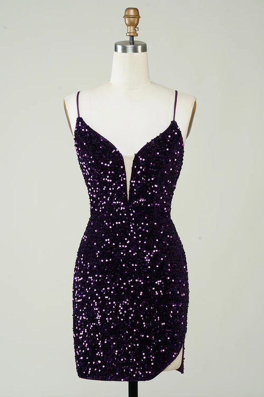 Purple sequin bodycon homecoming dress with V-neck and slit.