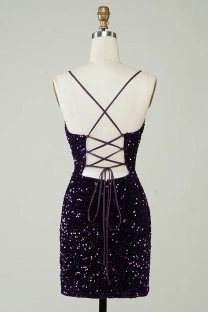 Back view of purple sequin dress showing backless design.