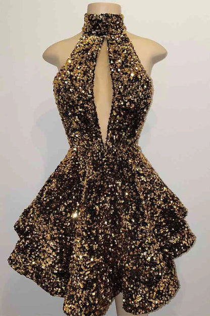 Sparkling glitter A-line short homecoming dress with halter keyhole neckline.