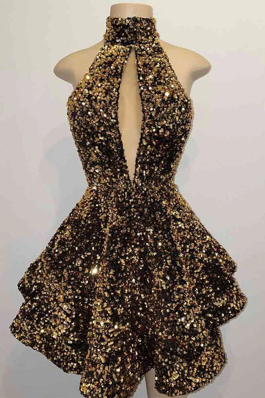 Sparkling glitter A-line short homecoming dress with halter keyhole neckline.