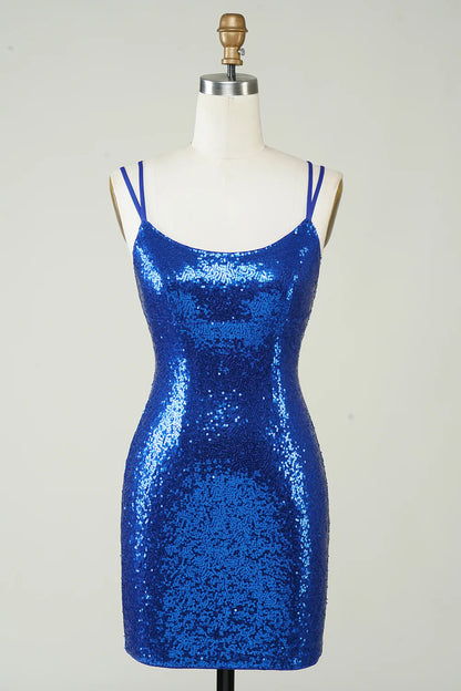 Front view of a model wearing a royal blue sequin sheath mini dress.