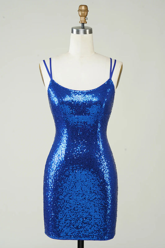Front view of a model wearing a royal blue sequin sheath mini dress.