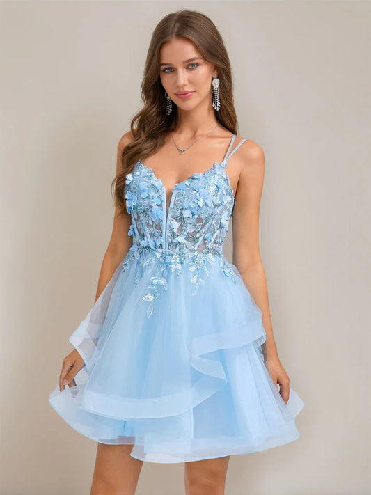 Sparkling pink sequined and embroidered short ball gown homecoming dress.