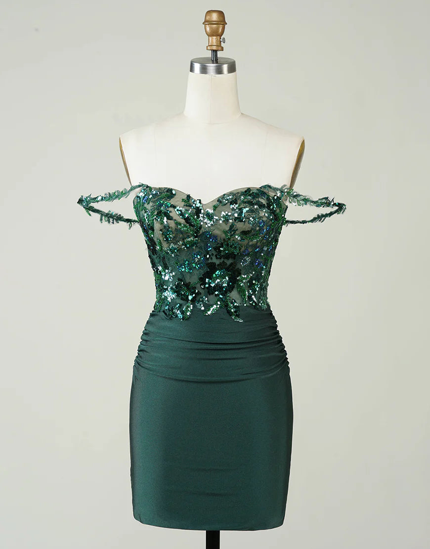 Dark green sequined off-shoulder short homecoming dress.