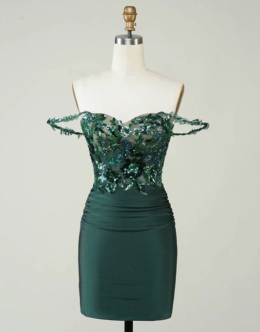 Dark green sequined off-shoulder short homecoming dress.