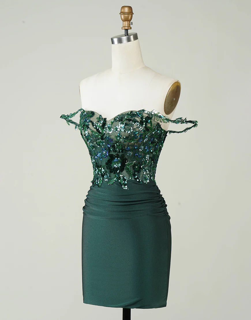 Side view of the dark green sequined off-shoulder dress.