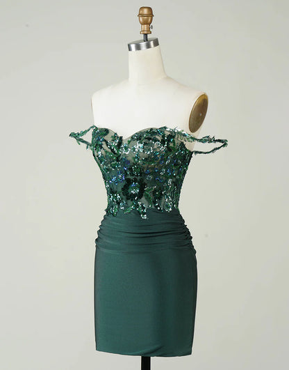 Side view of the dark green sequined off-shoulder dress.