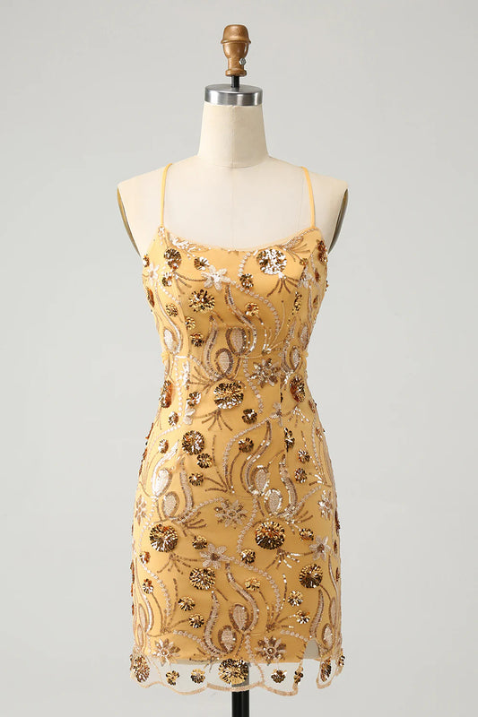 Front view of a woman wearing a yellow glitter sequined tight knee-length dress.