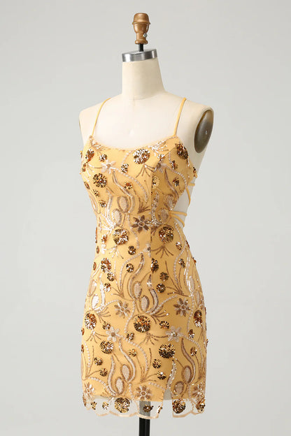 Back view of the yellow beaded tight formal dress.