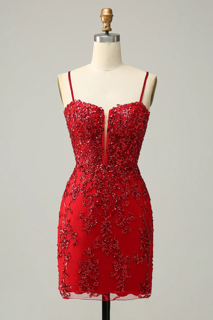 Model wearing a vibrant red sequined sheath homecoming dress.
