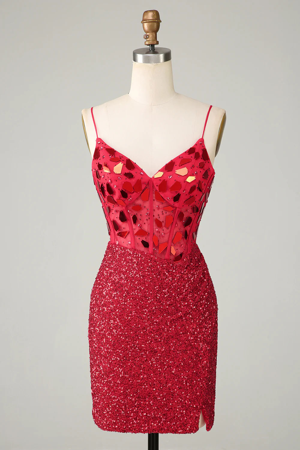 Front view of a red sequin corset homecoming dress with a high slit.