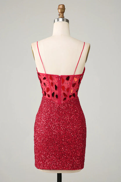 Side view of a red sequin corset homecoming dress with shimmering mirror details.