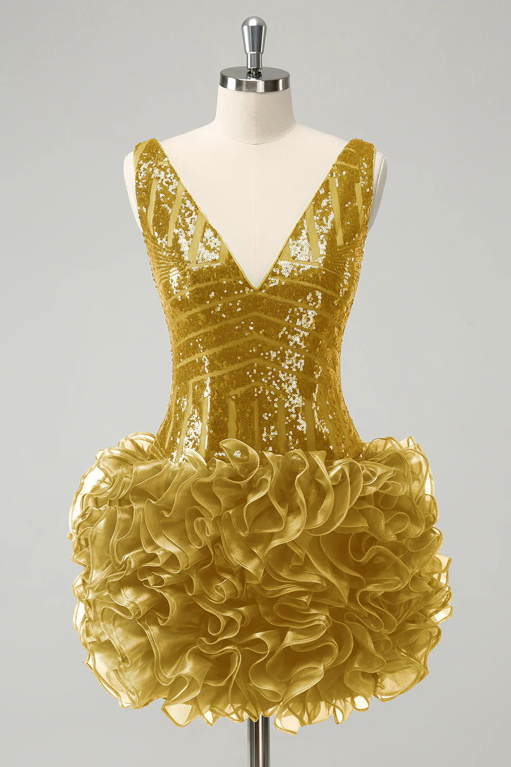 Dark green sequin dress on a hanger or mannequin.