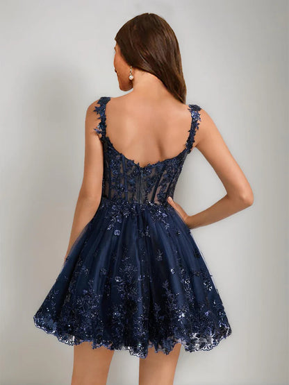 Side profile of the short V-neck ball gown homecoming dress, highlighting its elegant silhouette.