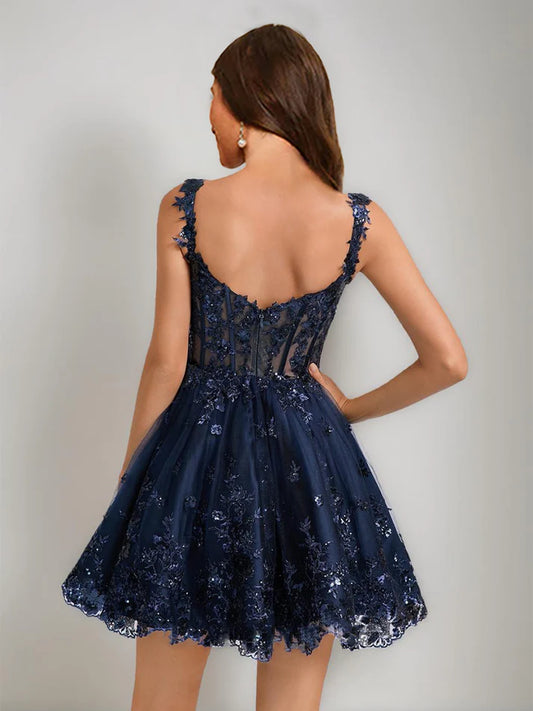 Side profile of the short V-neck ball gown homecoming dress, highlighting its elegant silhouette.