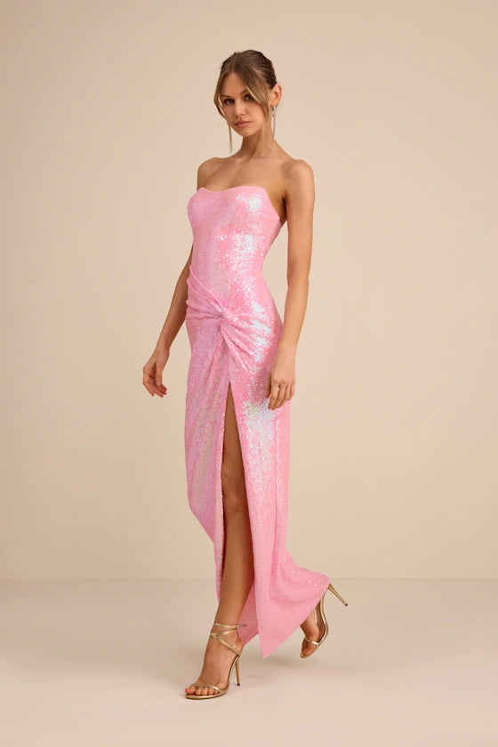 Sparkling Blush Pink Sequin Strapless Maxi Dress with Twist-Front Detail and High Side Slit, Prom Dresses