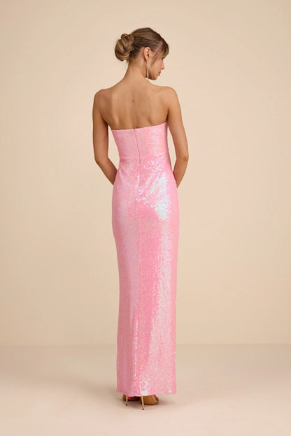 Sparkling Blush Pink Sequin Strapless Maxi Dress with Twist-Front Detail and High Side Slit, Prom Dresses