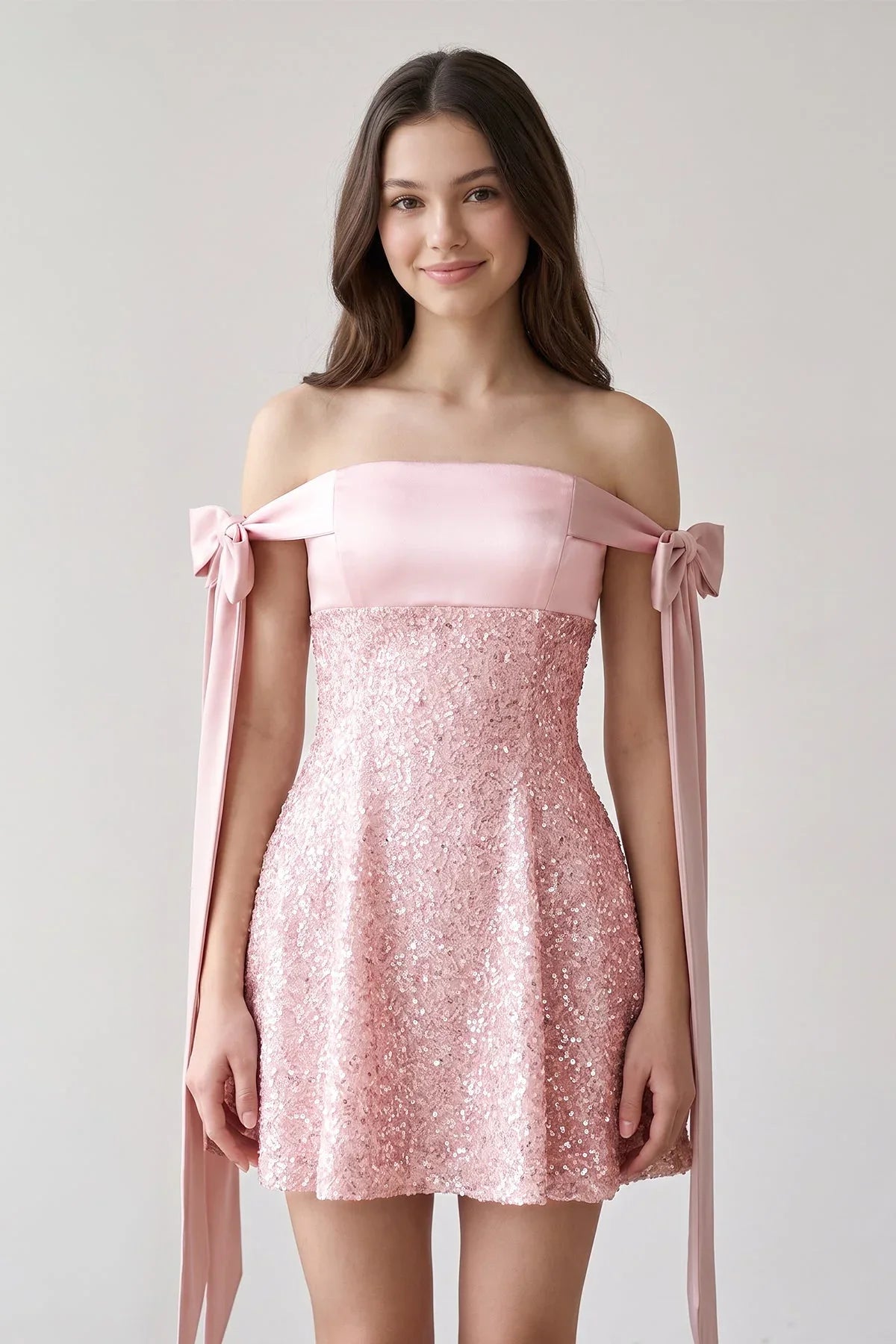 Sparkling A-Line Off-Shoulder Bow-Strap Sequin Mini Blush Pink Homecoming Dress