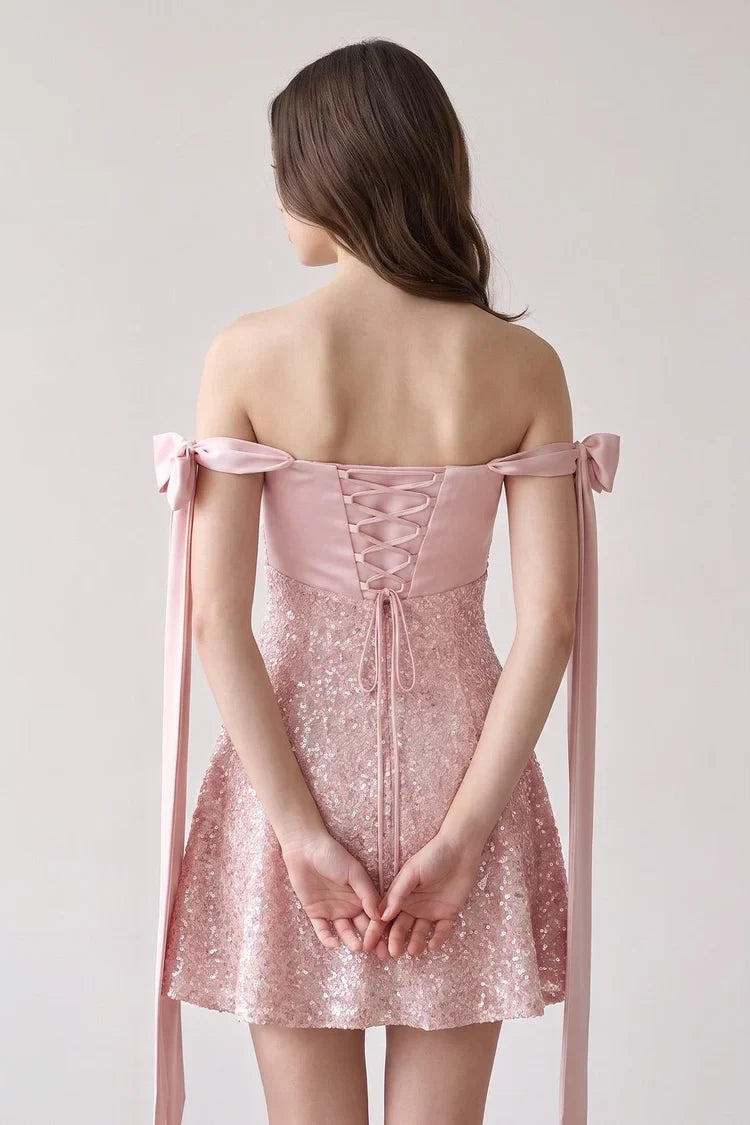 Sparkling A-Line Off-Shoulder Bow-Strap Sequin Mini Blush Pink Homecoming Dress