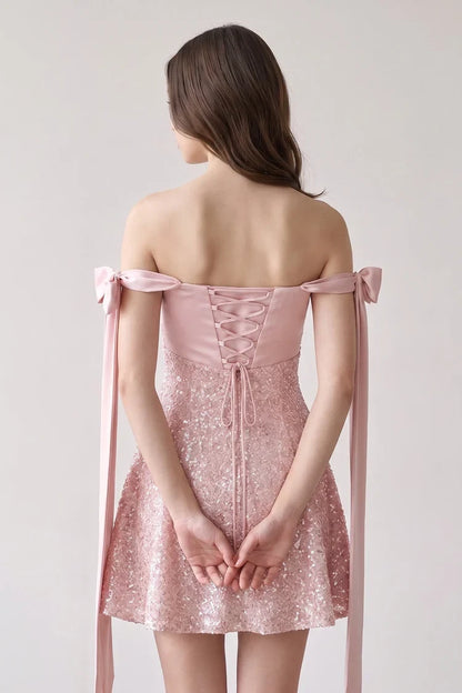 Sparkling A-Line Off-Shoulder Bow-Strap Sequin Mini Blush Pink Homecoming Dress