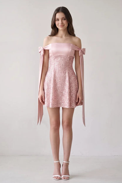 Sparkling A-Line Off-Shoulder Bow-Strap Sequin Mini Blush Pink Homecoming Dress