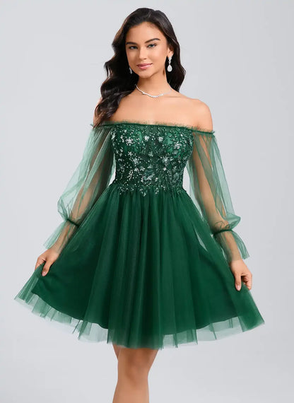 Sparkling A-Line Off-Shoulder Long Sleeve Sequin Tulle Emerald Green Short Homecoming Dress