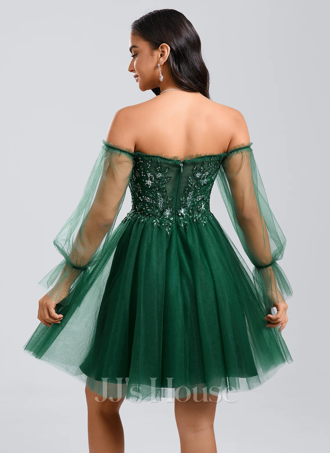 Sparkling A-Line Off-Shoulder Long Sleeve Sequin Tulle Emerald Green Short Homecoming Dress