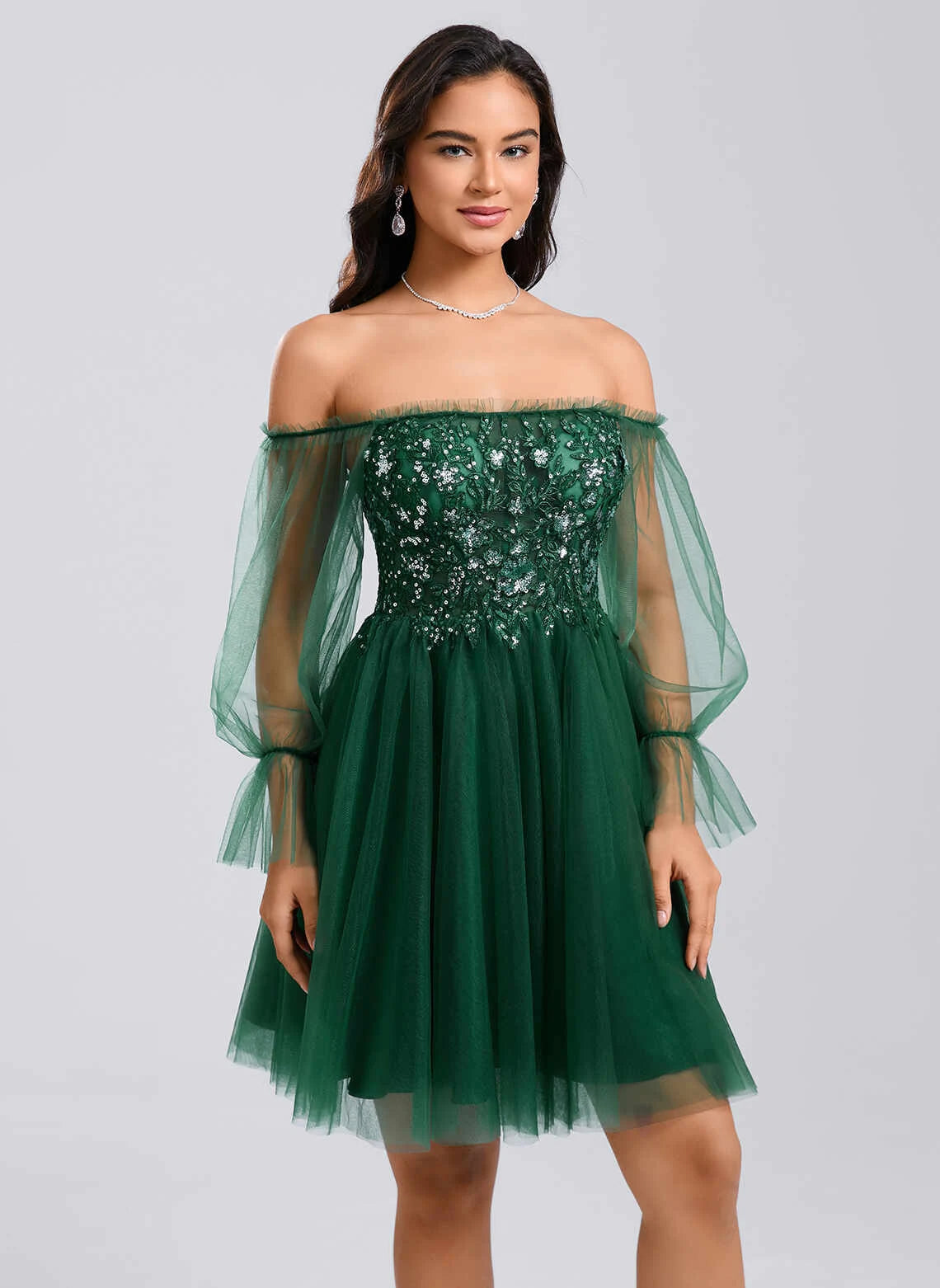 Sparkling A-Line Off-Shoulder Long Sleeve Sequin Tulle Emerald Green Short Homecoming Dress